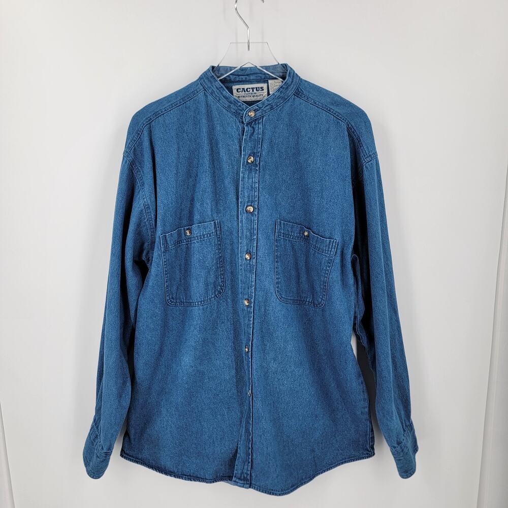 Cactus Clothing Denim Shirt Mens Large Band Collar Button Up Vintage